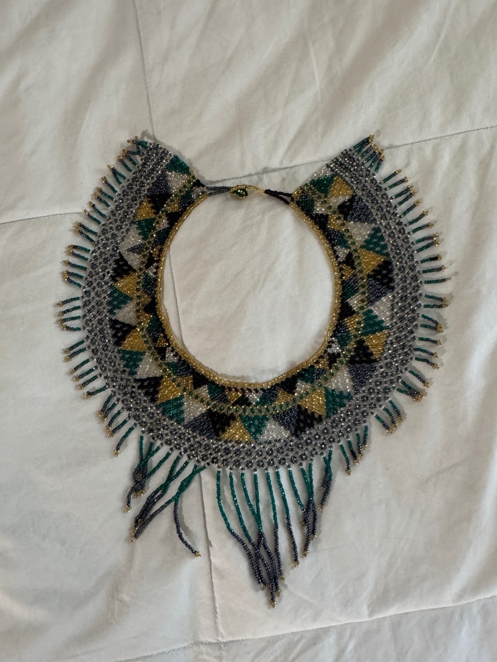 Mexican Handmade Beaded Fringe Collar Necklace - Green, Gold & Black